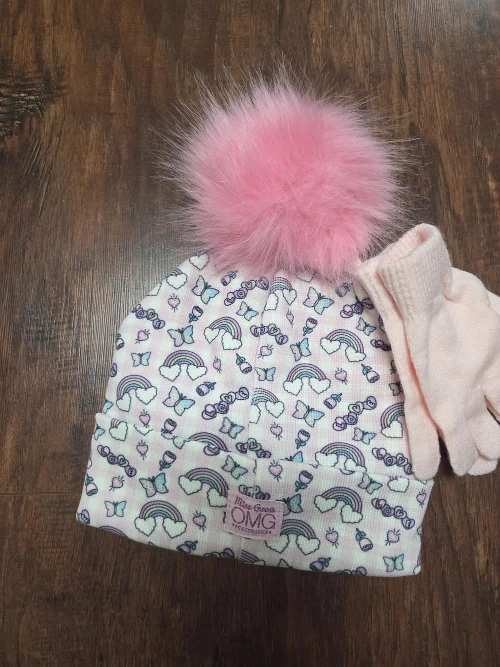 NWT Girls' Pink Butterfly Pom Pom Beanie & Gloves Set . Ages 5-10 Nordstrom Rack